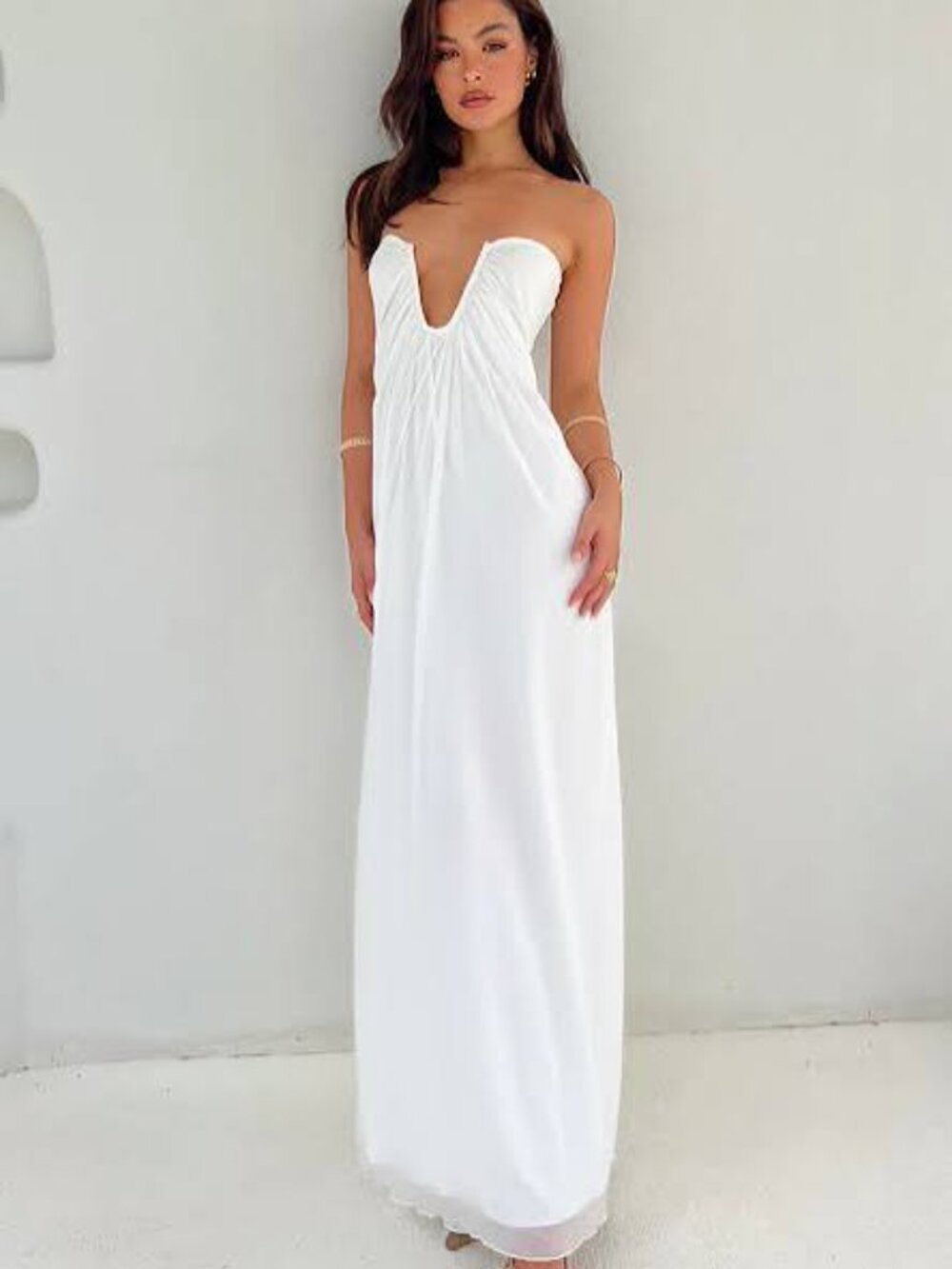 Beginning Boutique Ivory Maxi Dress with Gathered Neck